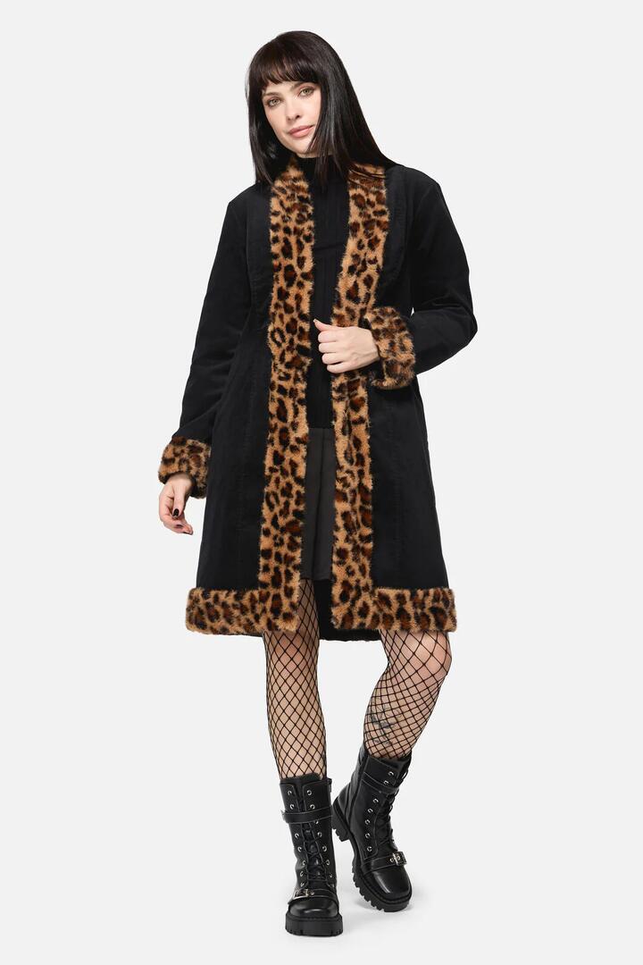 Image of a model wearing Outerwear. Productname: Creep Goth Leopard Velvet Coat in Black colour by brand - Dangerfield