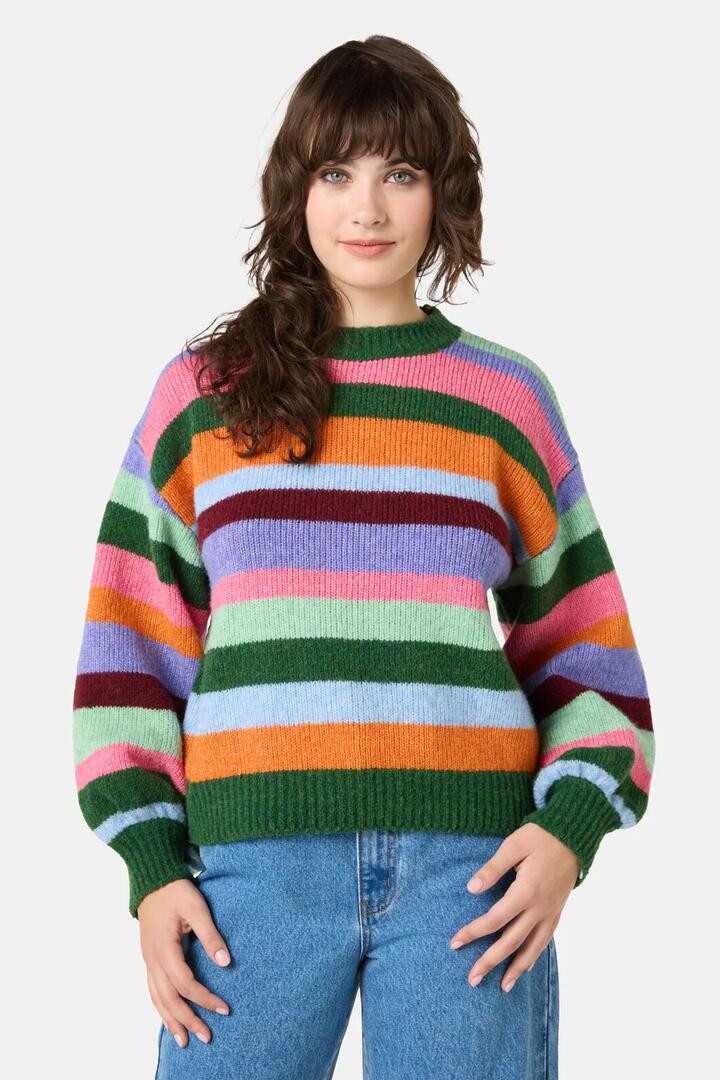 Image of a model wearing Outerwear. Product name - Palette Pop Jumper in Stripe colour by brand - Gorman