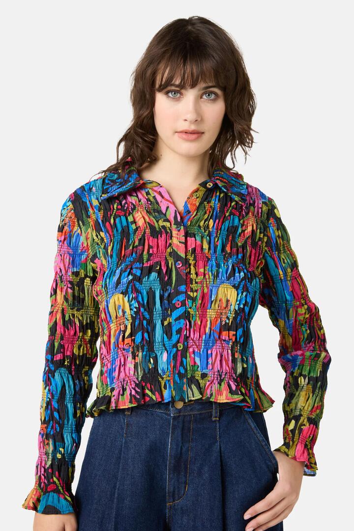 Image of a model wearing Tops. Product name - Night Garden Shirred Top in Print colour by brand - Gorman