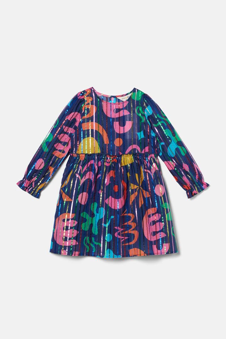Image of Dresses. Product name - Playful Shapes Frill Kids Dress in Blue colour by brand - Gorman