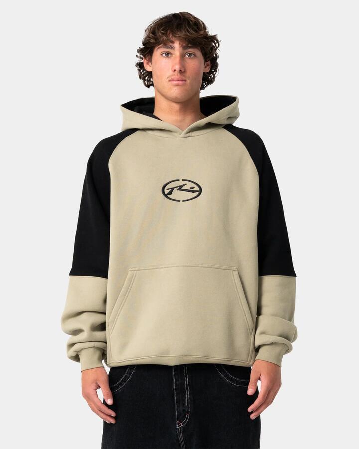 Image of a model wearing Outerwear. Product name - Rusty Mens Shesh Besh Pullover Hoodie Abbey Stone in Abbey Stone colour by brand - Rusty