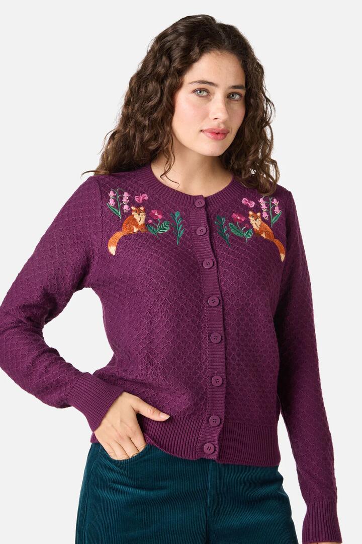Image of Cardigans. Productname: Fox Embroidered Cardigan in Plum colour by brand - Princess Highway