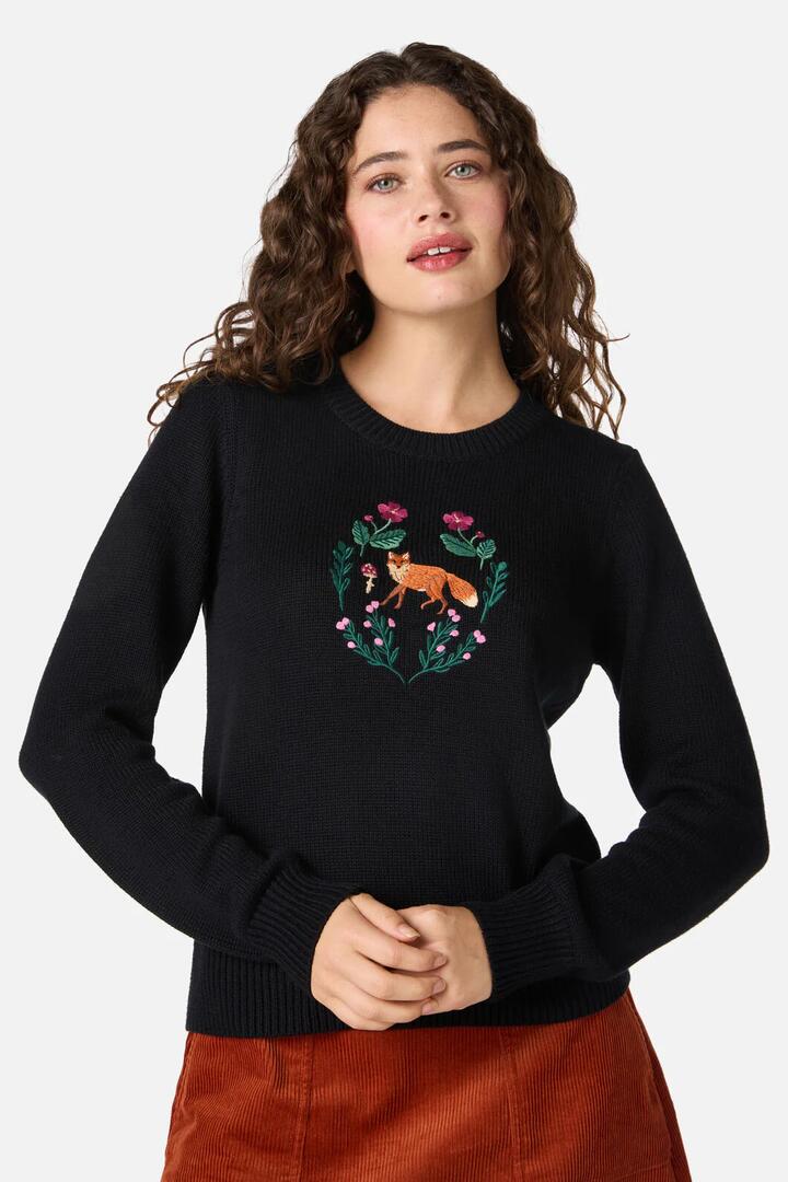 Image of a model wearing Outerwear. Product name - Fox Embroidered Jumper in Black colour by brand - Princess Highway