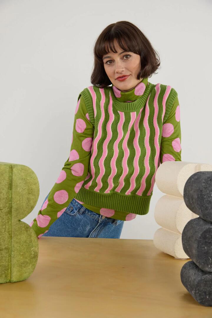 Image of Coats & Jackets. Product name - Wavy Baby Crochet Vest in Multi colour by brand - Gorman