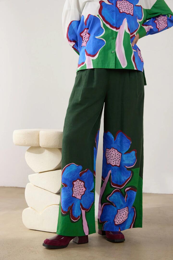 Image of a model wearing Pants. Product name - Seedlings Print Pant in Print colour by brand - Gorman