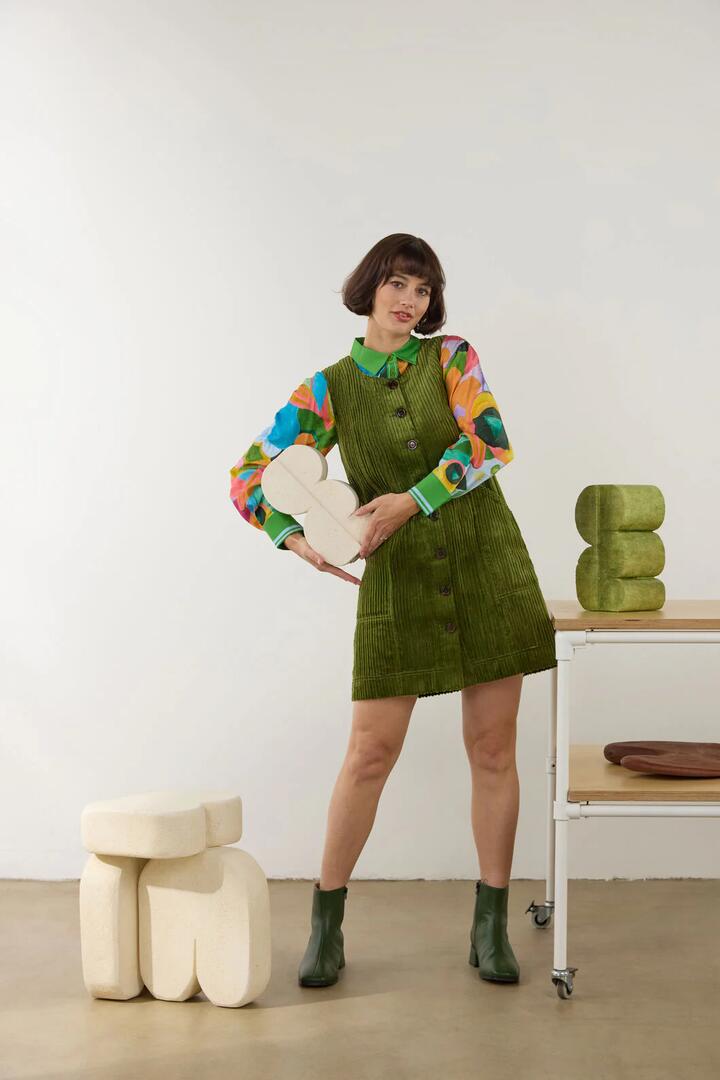 Image of Dresses. Product name - Pesto Cord Pinafore in Green colour by brand - Gorman