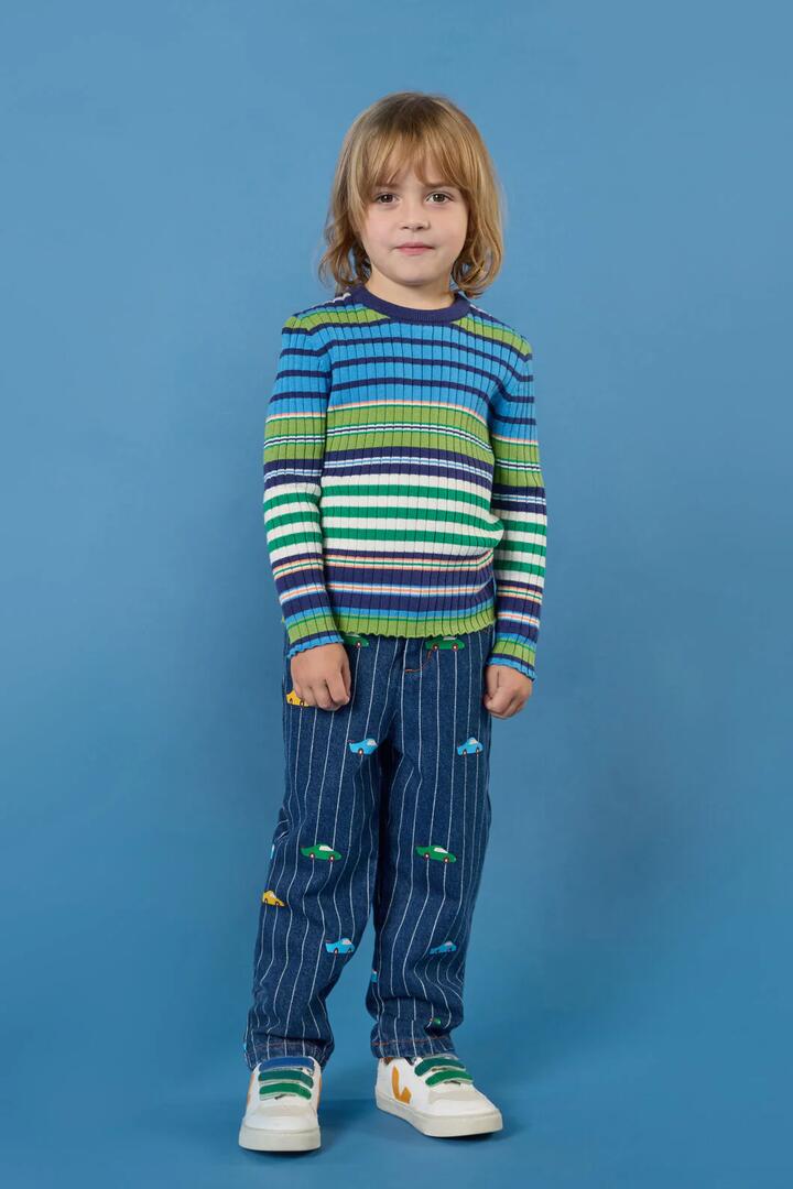Image of a model wearing Tops. Product name - Retro Stripes Rib Knit Top in Blue colour by brand - Gorman