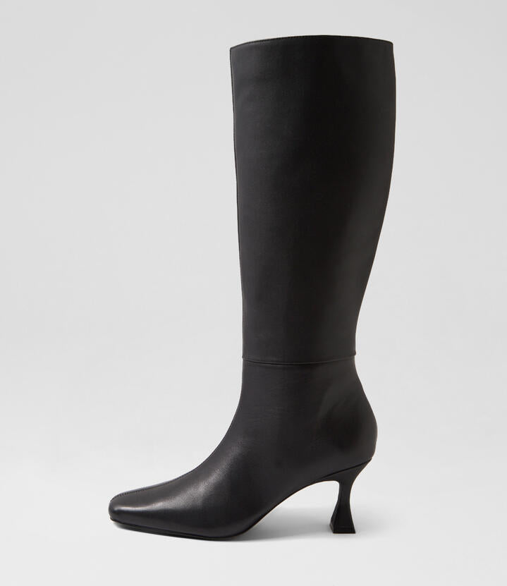 Image of Boots. Product name - Rowse Black Leather Knee High Boots in Black colour by brand - MOLLINI