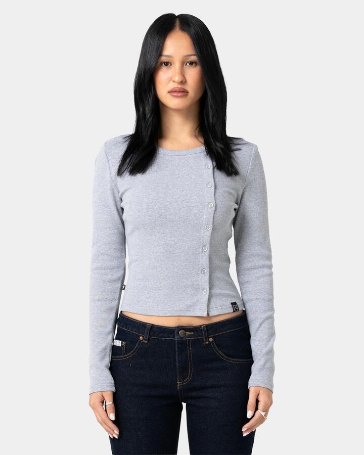 Image of a model wearing Tops. Product name - Rusty Womens Button Up Long Sleeve Top Grey Marle in Grey Marle colour by brand - Rusty