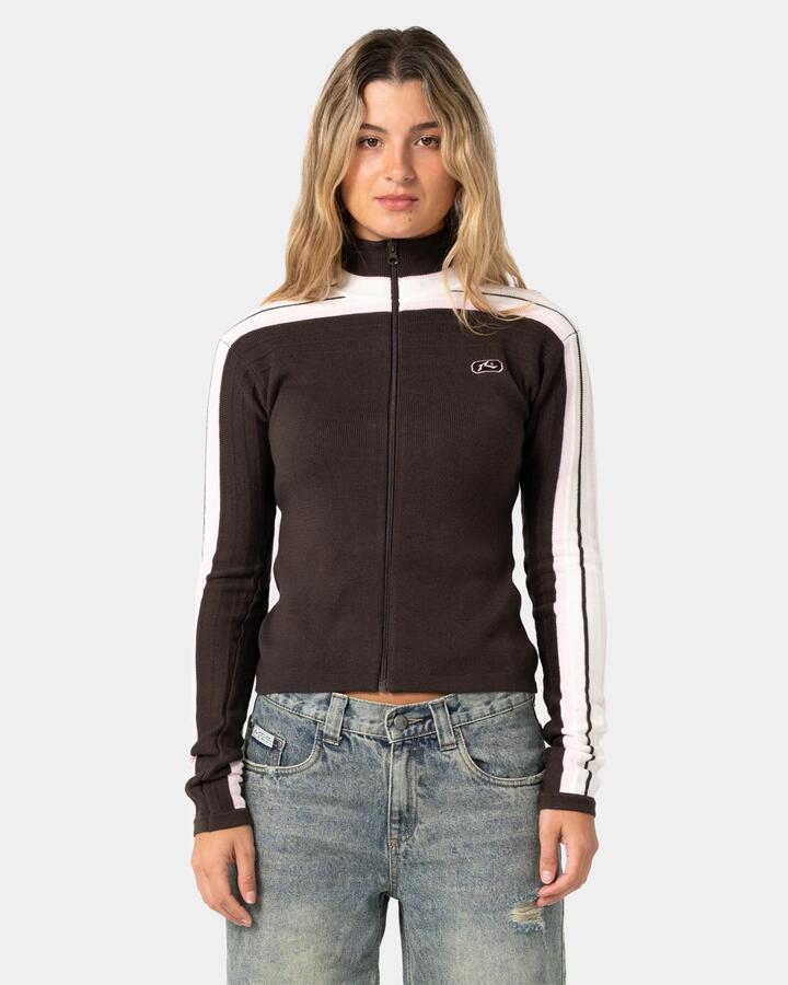 Image of Coats & Jackets. Product name - Rusty Womens Daddy Gb Zip Through Knit Jacket Java in Java colour by brand - Rusty