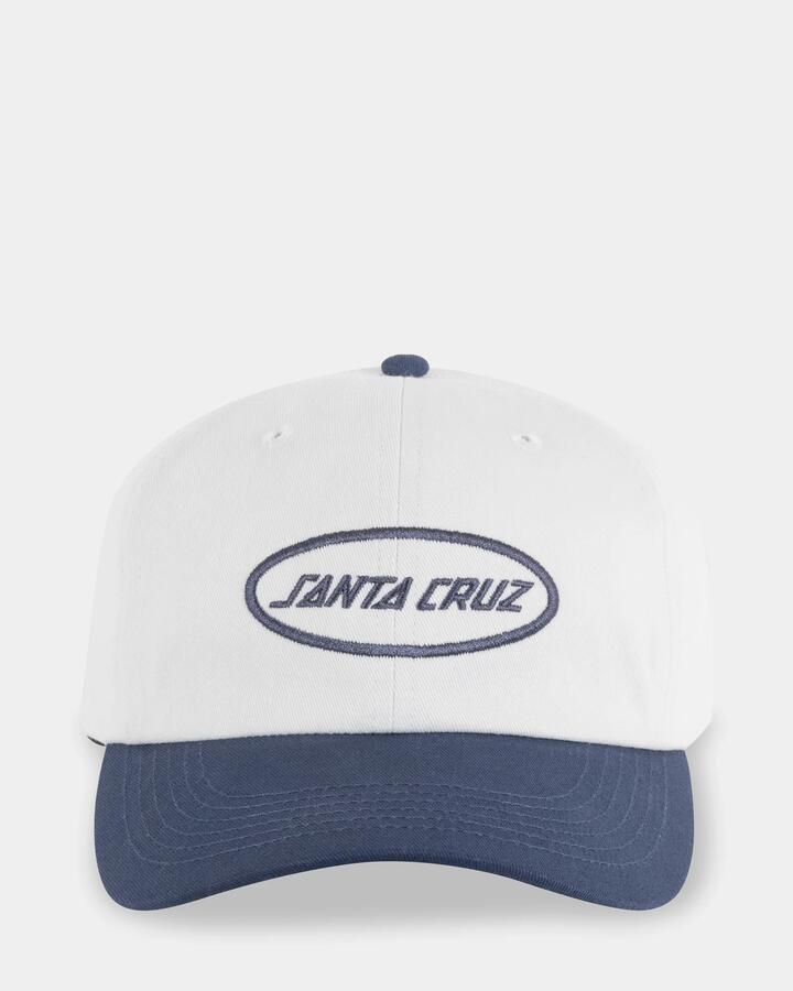 Image of Hats. Product name - Santa Cruz Mens Slam Oval Strip Dad Cap White in White colour by brand - Santa Cruz