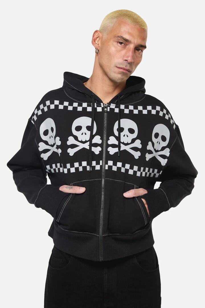 Image of a model wearing Outerwear. Productname: Bonez Goth Hoodie in Black colour by brand - Black Friday