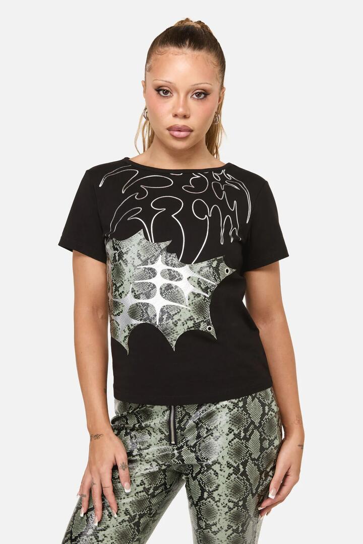 Image of T-Shirts. Productname: Y2K Sigil Fitted Patch T-Shirt in Black colour by brand - Dangerfield