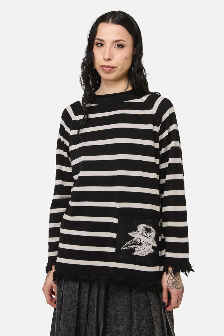Image of a model wearing Tops. Productname: Grim Goth Stripe Knit in Black colour by brand - Black Friday