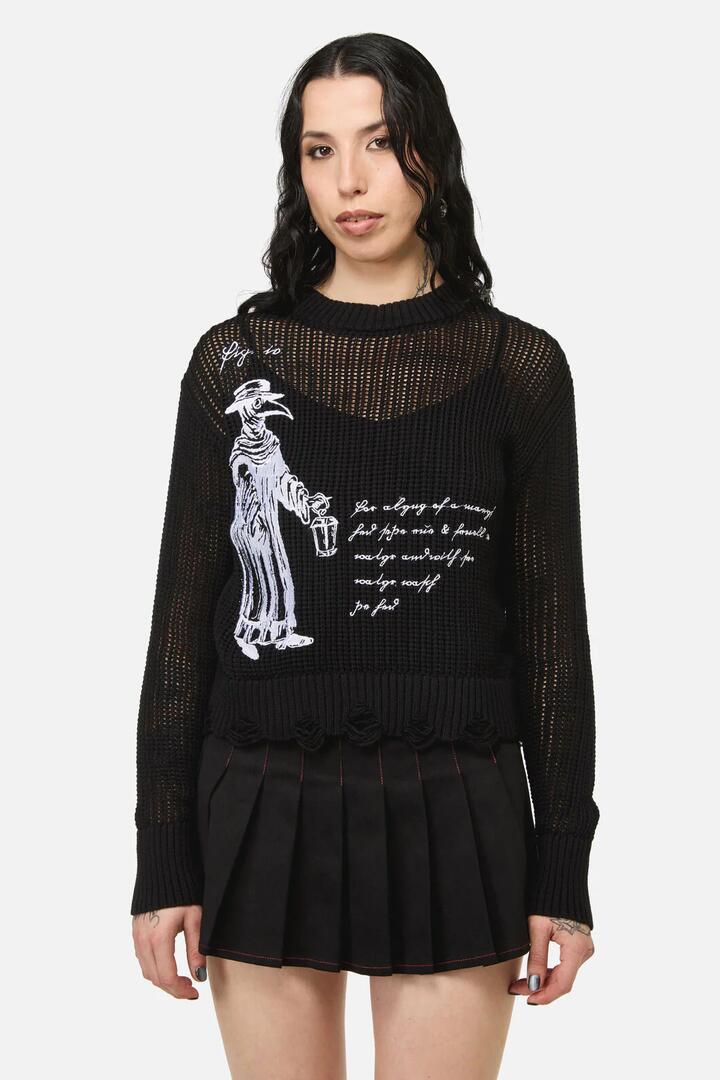 Image of a model wearing Tops. Productname: Plague Doctor Goth Knit in Black colour by brand - Black Friday