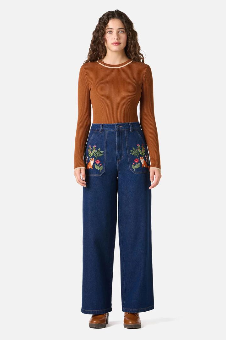 Image of Jeans. Productname: Fox Embroidered Jeans in Blue Denim colour by brand - Princess Highway