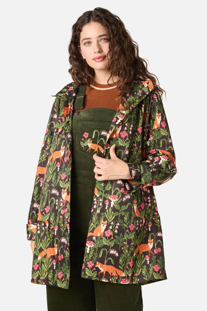 Image of a model wearing Rain Coats. Productname: Fancy Foxes Raincoat in Chocolate colour by brand - Princess Highway