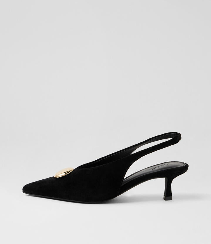 Image of Heels. Product name - Dalles Black Gold Suede Slingback Pump Heels in Black-Gold colour by brand - MOLLINI