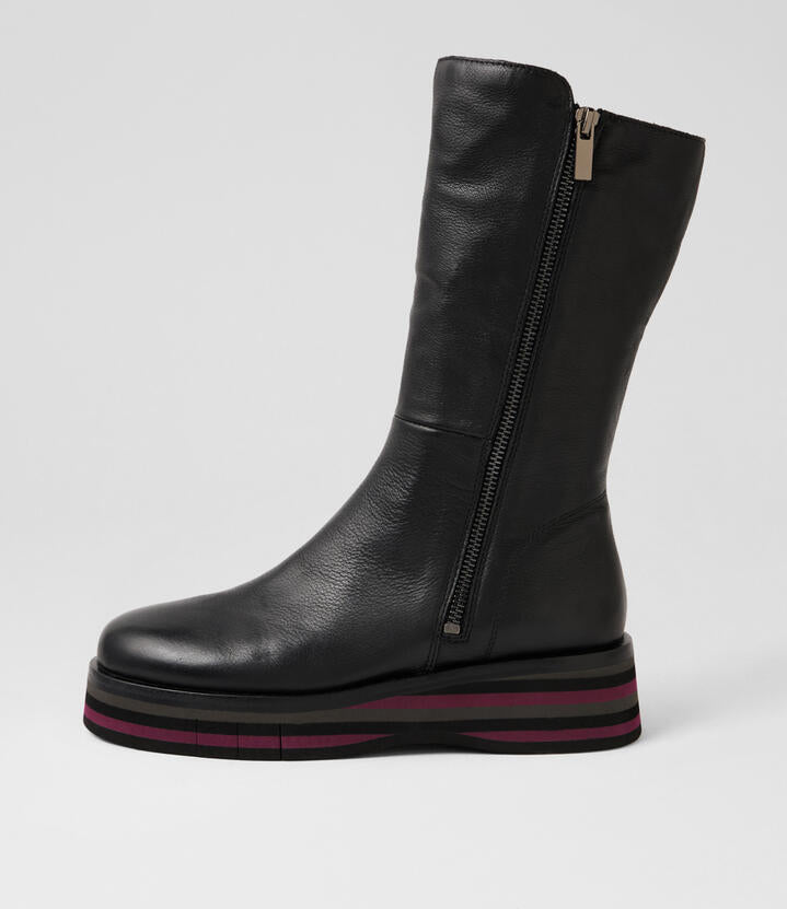 Image of Boots. Product name - Goalie Black Gry Burgundy Multi Leather Calf Boots in Black-Gry&Burgundy Multi colour by brand - MIDAS