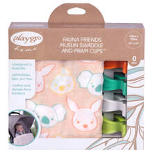 Image of Baby Toys & Activity Equipment. Product name - Playgro Home Fauna Friends Muslin Swaddle & Pram Clips in colour by brand - Toymate