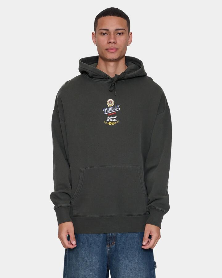 Image of a model wearing Outerwear. Product name - Thrills Mens Against All Odds Slouch Pullover Hoodie Oil Green in Oil Green colour by brand - Thrills