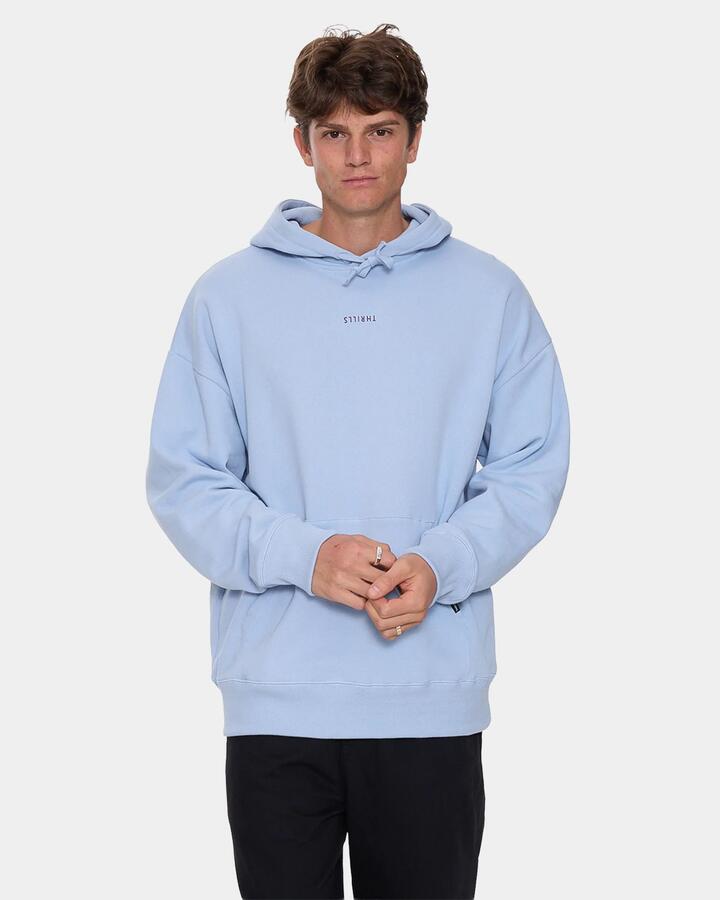 Image of a model wearing Outerwear. Product name - Thrills Mens Minimal Thrills Slouch Pullover Hoodie Placid Blue in Placid Blue colour by brand - Thrills