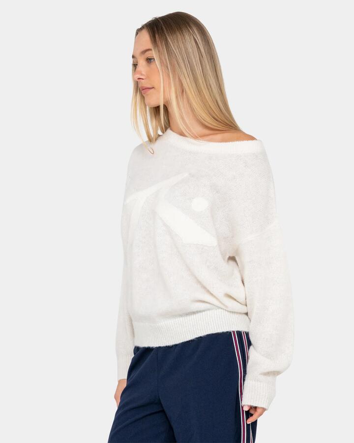 Image of a model wearing Tops. Product name - Rusty Womens Miles Open Knit Crew Neck White in White colour by brand - Rusty