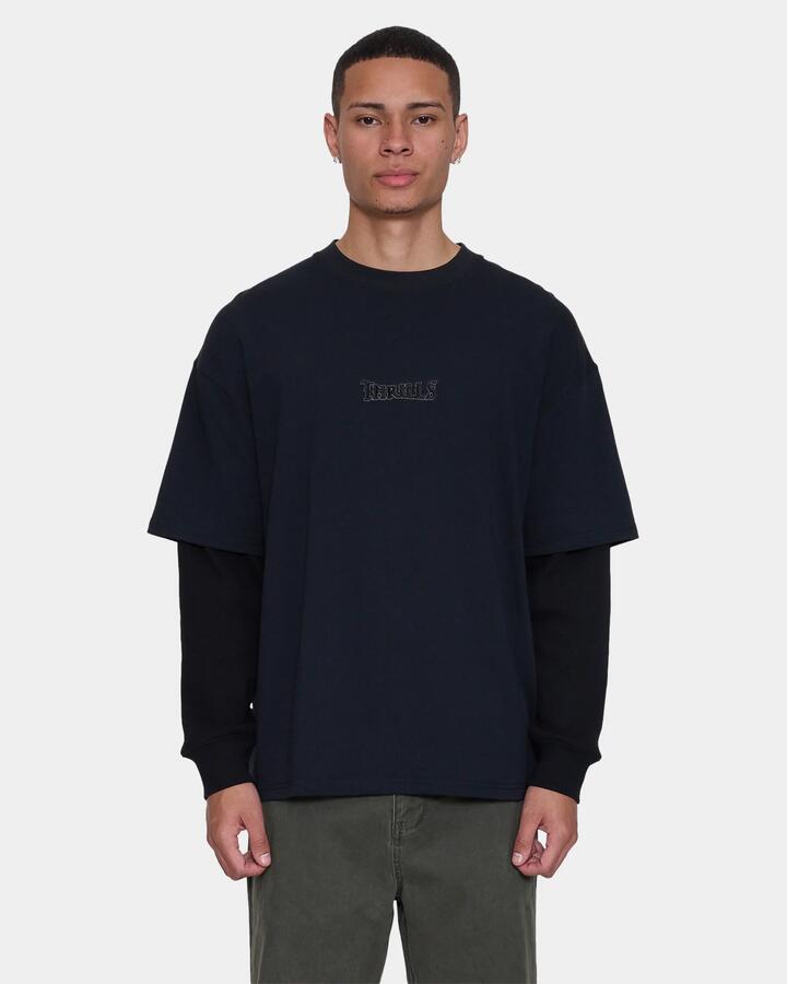Image of T-Shirts. Product name - Thrills Mens Web Of Deceit Layer Box Crop Long Sleeve T-Shirt Faded Black in Faded Black colour by brand - Thrills