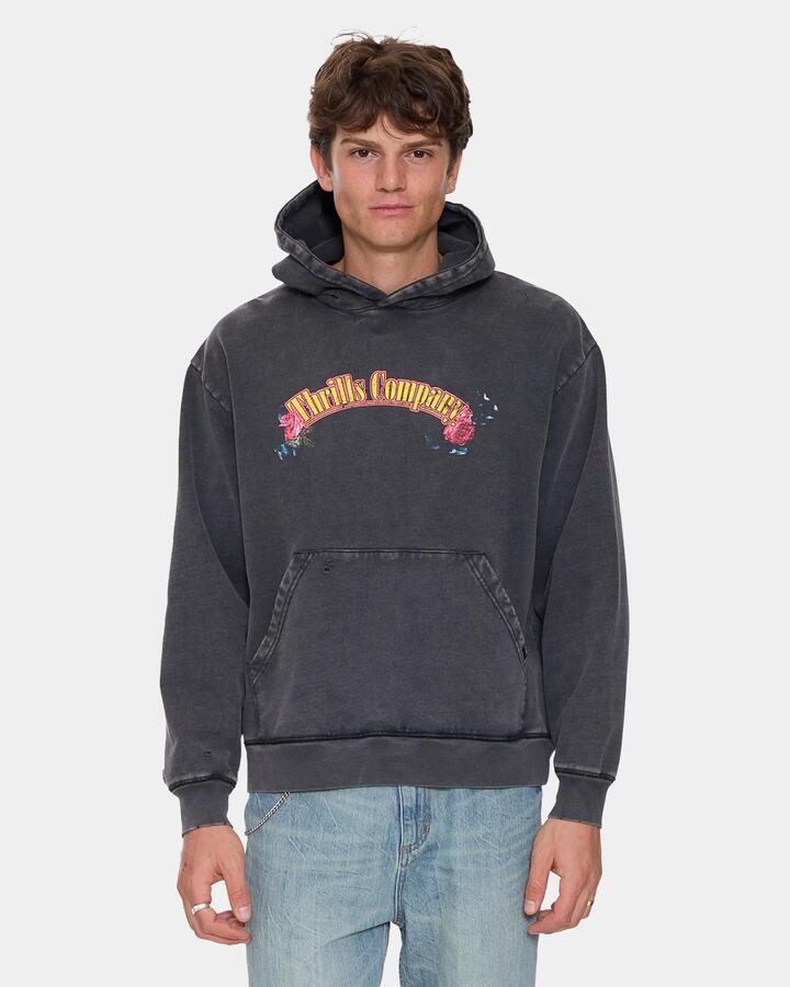 Image of a model wearing Outerwear. Product name - Thrills Mens Fury Slouch Cropped Pullover Hoodie Temple Grey in Temple Grey colour by brand - Thrills