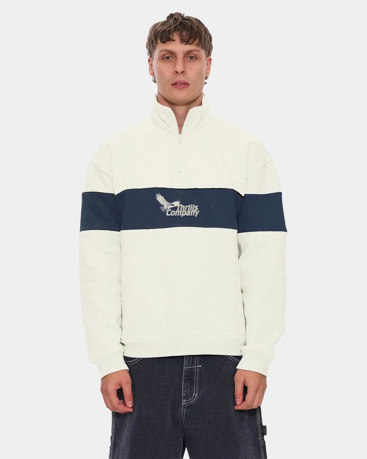 Image of a model wearing Outerwear. Product name - Thrills Mens Between Chaos & Calm Quarter Zip Fleece Jumper Oatmeal in Oatmeal colour by brand - Thrills