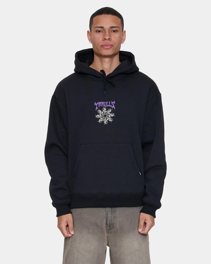Image of a model wearing Outerwear. Product name - Thrills Mens Stagger Slouch Cropped Pullover Hoodie Washed Black in Washed Black colour by brand - Thrills