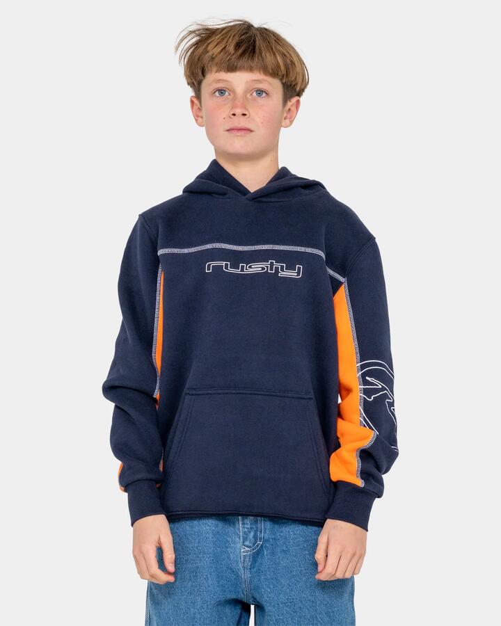 Image of a model wearing Outerwear. Product name - Rusty Boys 8-16 Titan Pullover Hoodie Navy Blue in Navy Blue colour by brand - Rusty