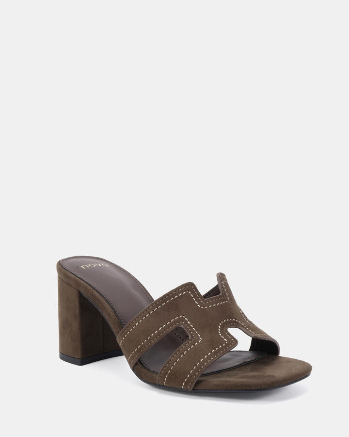 Image of Heels. Product name - Francine Espresso Suede Vegan Heels in Espresso Suede colour by brand - Novo