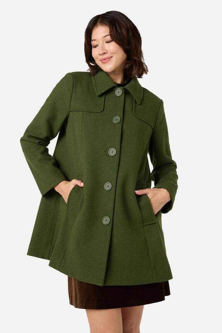 Image of a model wearing Outerwear. Productname: Jacqueline Wool Blend Coat in Green colour by brand - Princess Highway