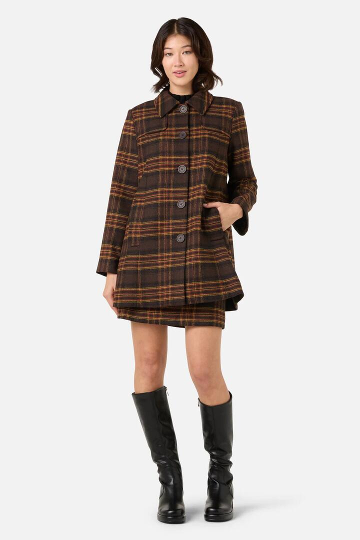 Image of a model wearing Outerwear. Productname: Wilma Check Coat in Chocolate colour by brand - Princess Highway