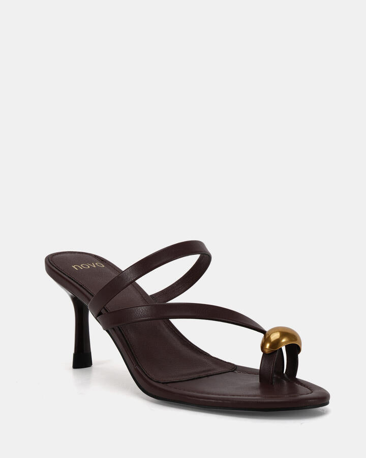 Image of Heels. Product name - Lance Espresso Vegan Heels in Espresso colour by brand - Novo