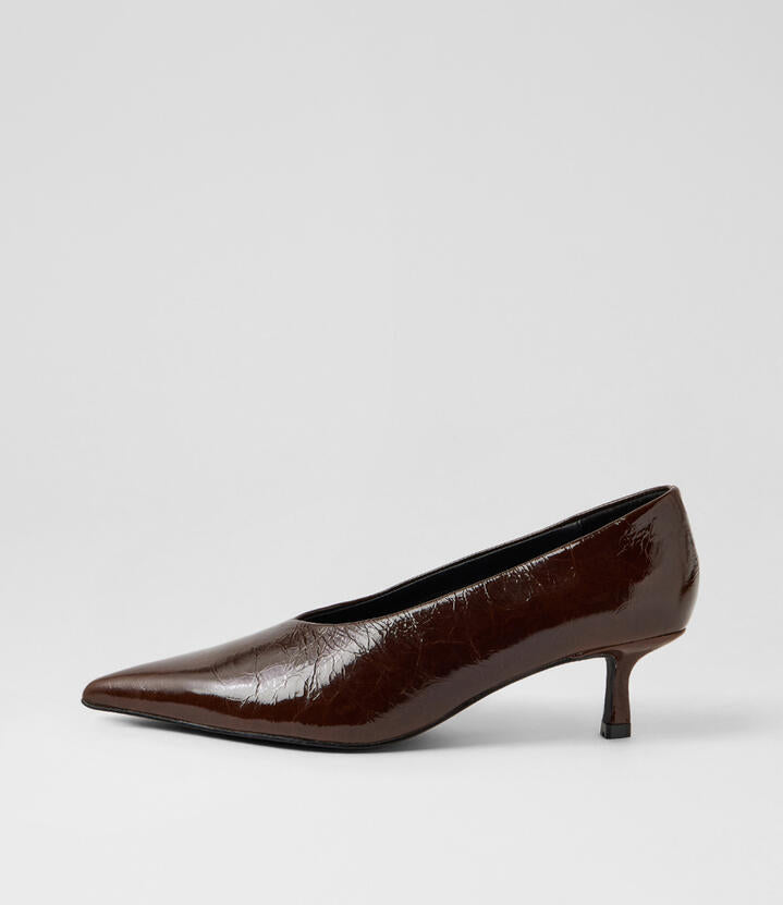 Image of Heels. Product name - Dais Coffee Patent Leather Pump Heels in Coffee colour by brand - MOLLINI