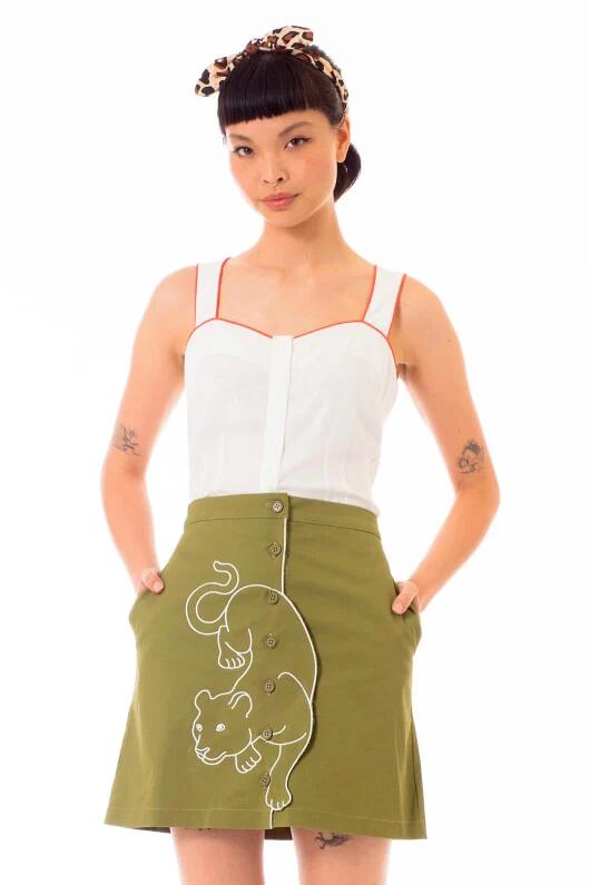 Image of a model wearing Skirts. Productname: Leopard Ambuscade Skirt in Olive colour by brand - Revival