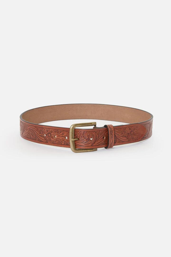 Image of Belts. Productname: Classic Carved Leather Belt in Tan colour by brand - Princess Highway