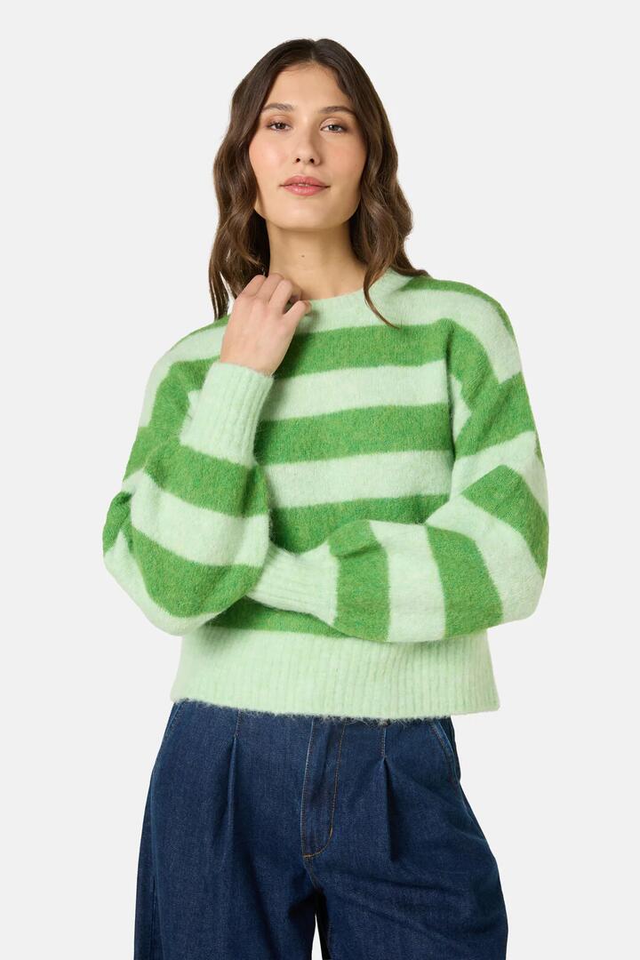 Image of a model wearing Outerwear. Product name - Linea Stripe Alpaca Jumper in Stripe colour by brand - Gorman