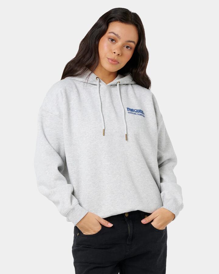 Image of a model wearing Outerwear. Product name - Rip Curl Womens Surf Puff Heritage Pullover Hoodie Grey Marle/Navy in Grey Marle/Navy colour by brand - Rip Curl