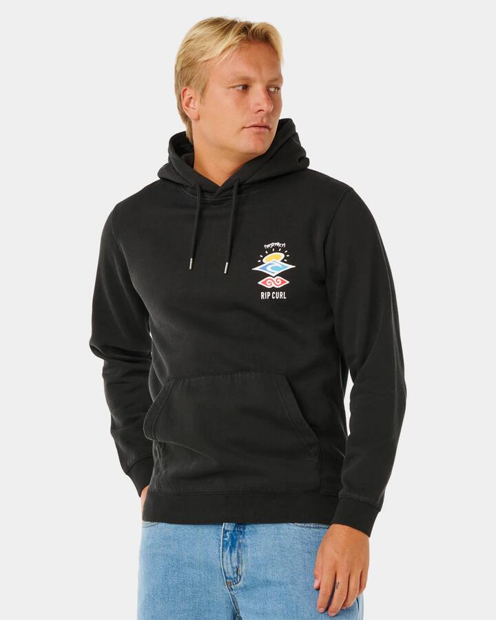 Image of a model wearing Outerwear. Product name - Rip Curl Mens Search Icon Pullover Hoodie Black in Black colour by brand - Rip Curl