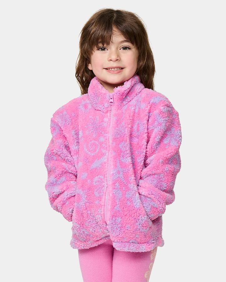 Image of a model wearing Outerwear. Product name - Rip Curl Girls 2-7 Sun Sesh Polar Fleece Jacket Wild Berry in Wild Berry colour by brand - Rip Curl