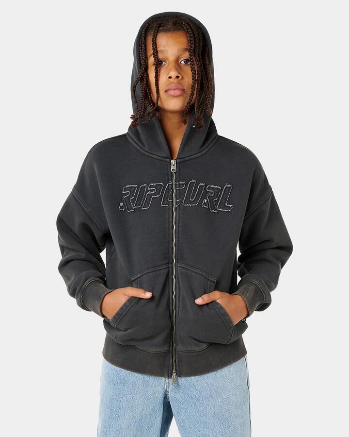 Image of a model wearing Outerwear. Product name - Rip Curl Boys 8-16 Liquid Trips Zip Up Hoodie Washed Black in Washed Black colour by brand - Rip Curl