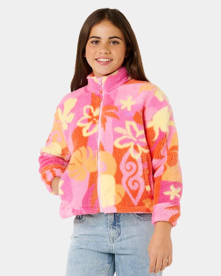 Image of a model wearing Outerwear. Product name - Rip Curl Girls 8-14 Tropical Polar Fleece Jacket Tangerine in Tangerine colour by brand - Rip Curl