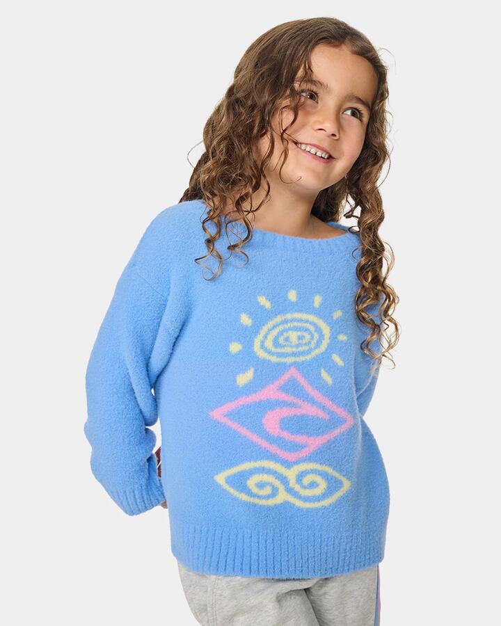 Image of a model wearing Outerwear. Product name - Rip Curl Girls 2-7 Ride The Wave Knitwear Crew Neck Cornflower Blue in Cornflower Blue colour by brand - Rip Curl