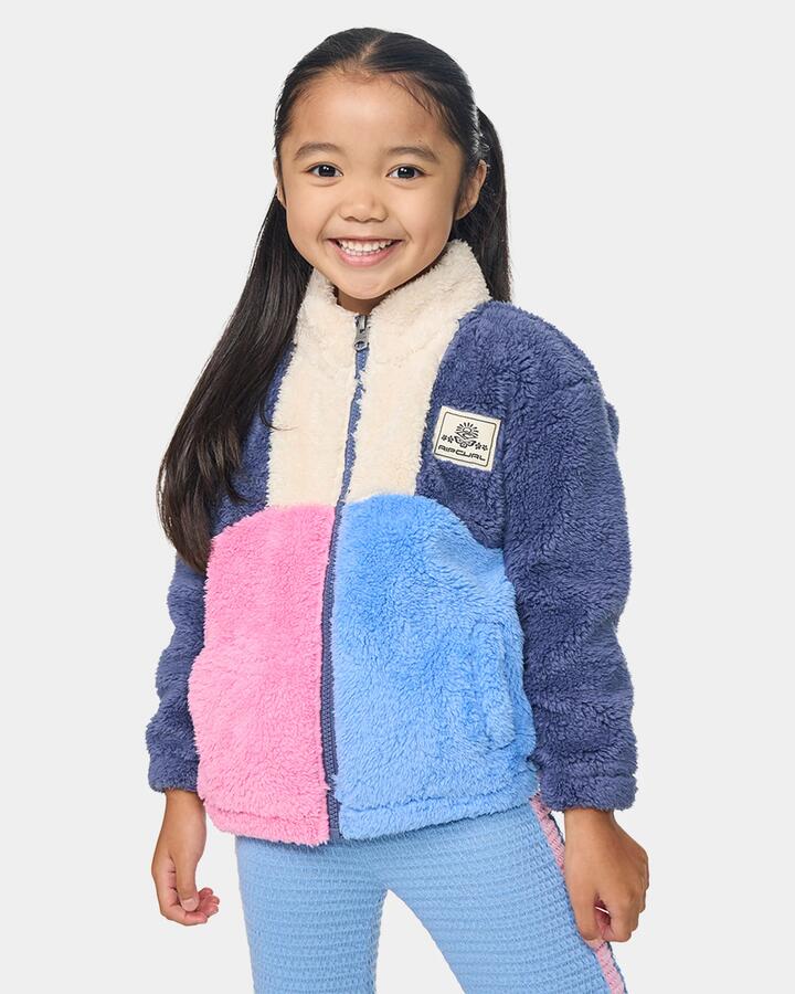 Image of a model wearing Outerwear. Product name - Rip Curl Girls 2-7 Surf Block Polar Fleece Jacket Navy in Navy colour by brand - Rip Curl