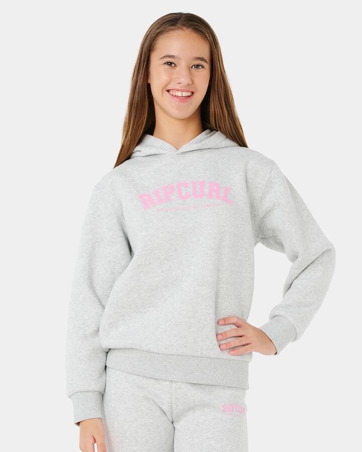 Image of a model wearing Outerwear. Product name - Rip Curl Girls 8-14 Staple Varsity Pullover Hoodie Light Grey Marle in Light Grey Marle colour by brand - Rip Curl