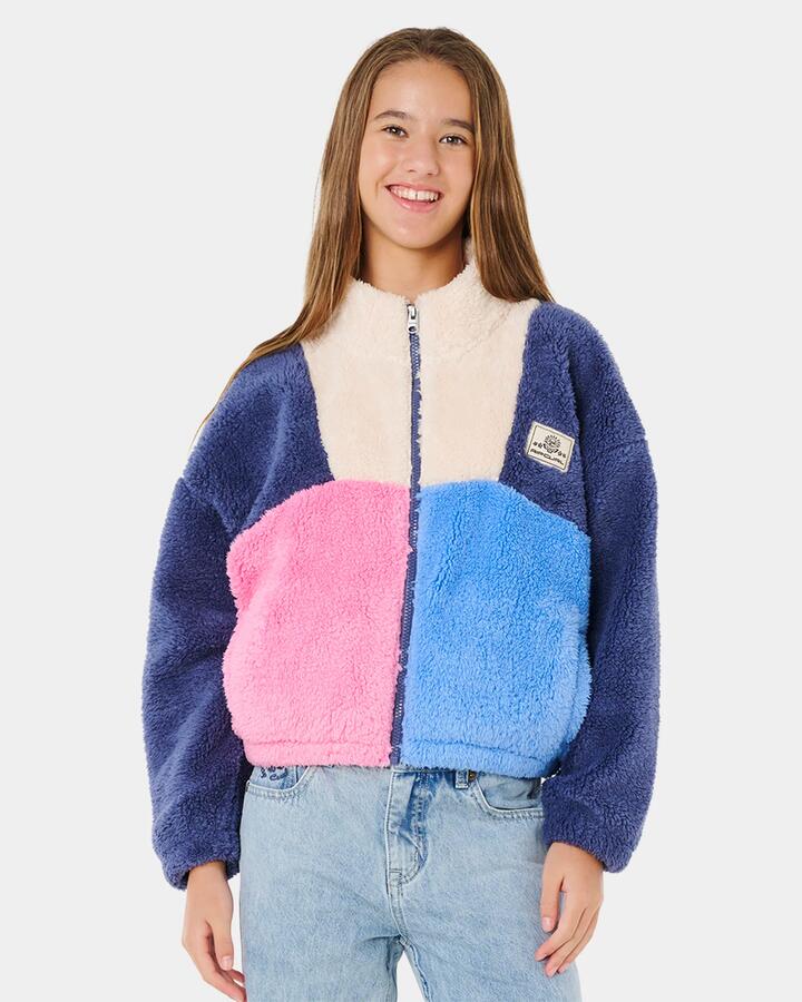 Image of a model wearing Outerwear. Product name - Rip Curl Girls 8-14 Block Party Fleece Jacket Navy in Navy colour by brand - Rip Curl
