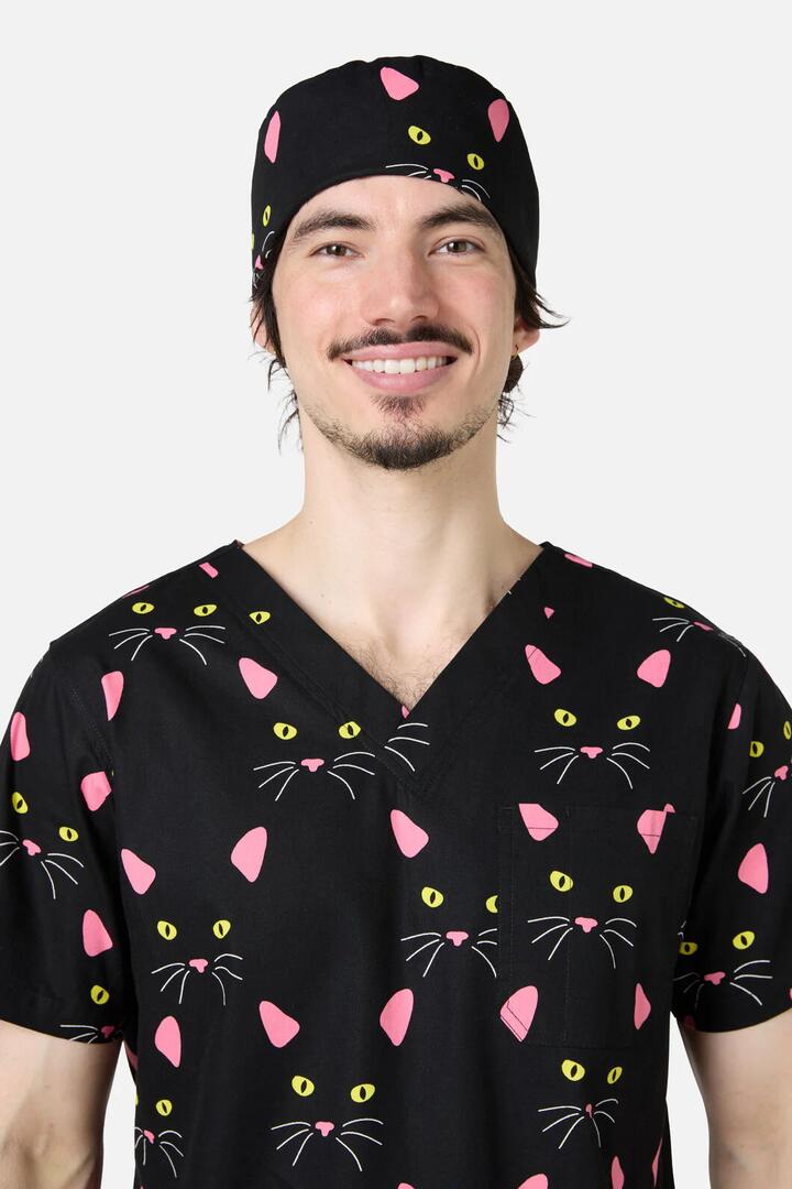 Image of Hats. Productname: Night Cat Scrub Hat in Black colour by brand - Scrubs With Love